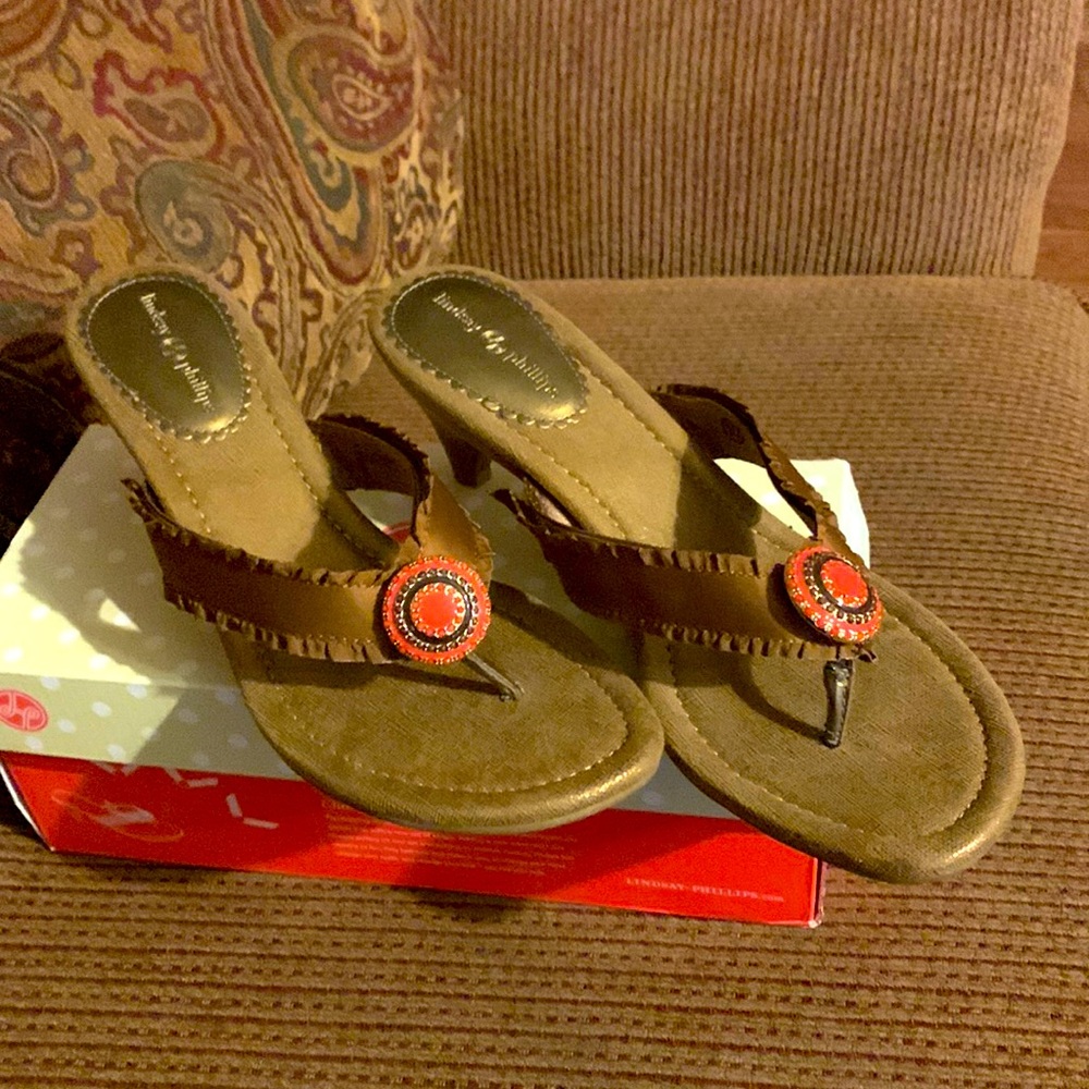 Brown Sandals with 2 inch heels.